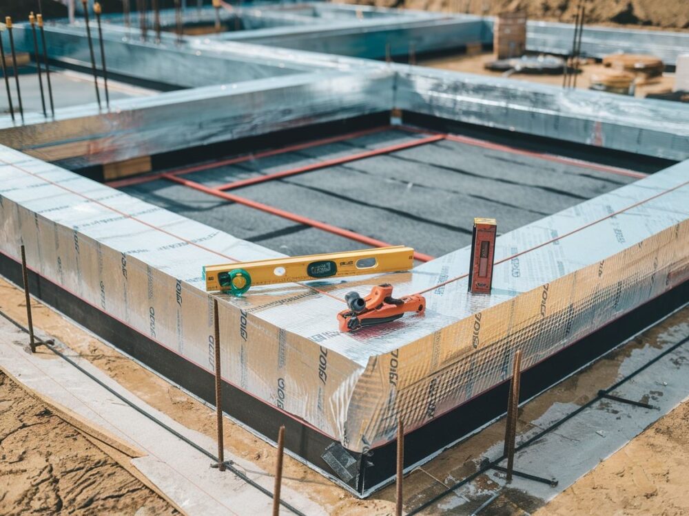 Fundament z warstwami izolacyjnymi folia i papa