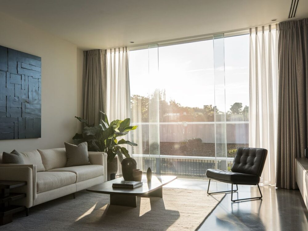 Montaż karnisza nad oknem w minimalistycznym salonie