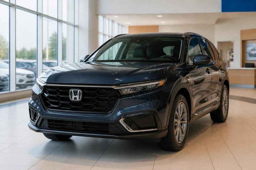 Czarny Honda CR-V zaparkowany w jasnym salonie samochodowym.